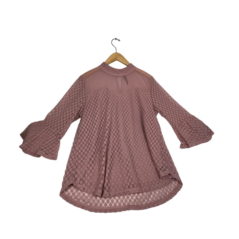 Mauve Lace Mock Neck Blouse Sheer Mesh Yoke Bell Sleeve Polka Dot Top 5137